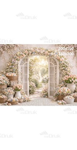 Tło fotograficzne „Pastelowa kwiatowa brama z widokiem na ogród” | E879